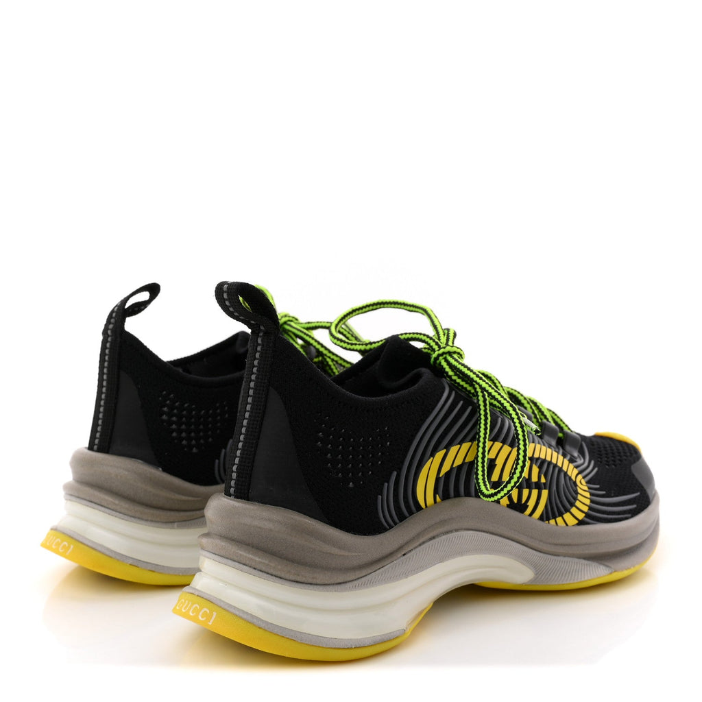 Technical Knit Fabric Waves Womens Gucci Run Sneakers 35 Black Silver Giallo Neon Yellow