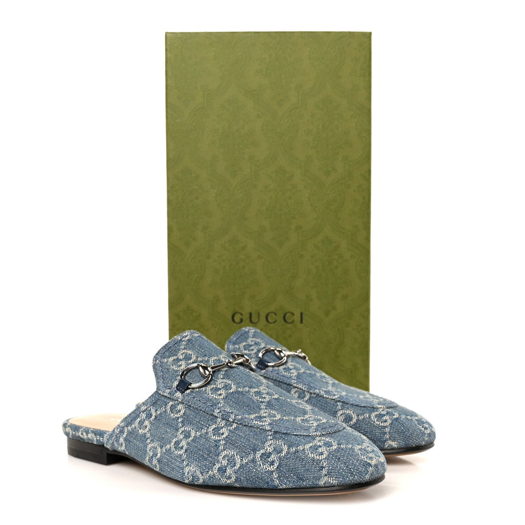 New Denim GG Malaga Kid Womens Princetown Slippers 36.5 Light Blue Royale