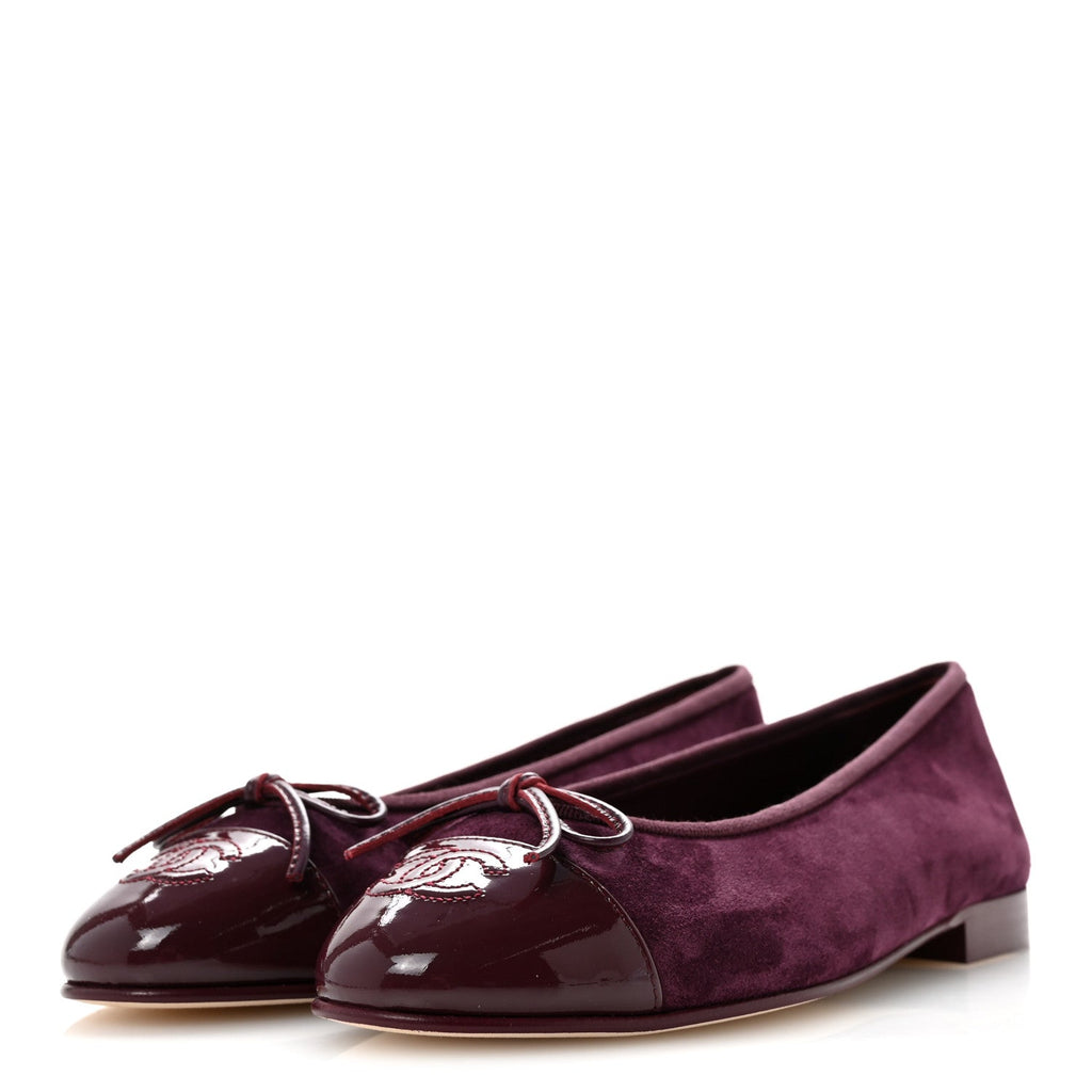 Suede Calfskin Patent Cap Toe CC Ballerina Flats 37 Burgundy