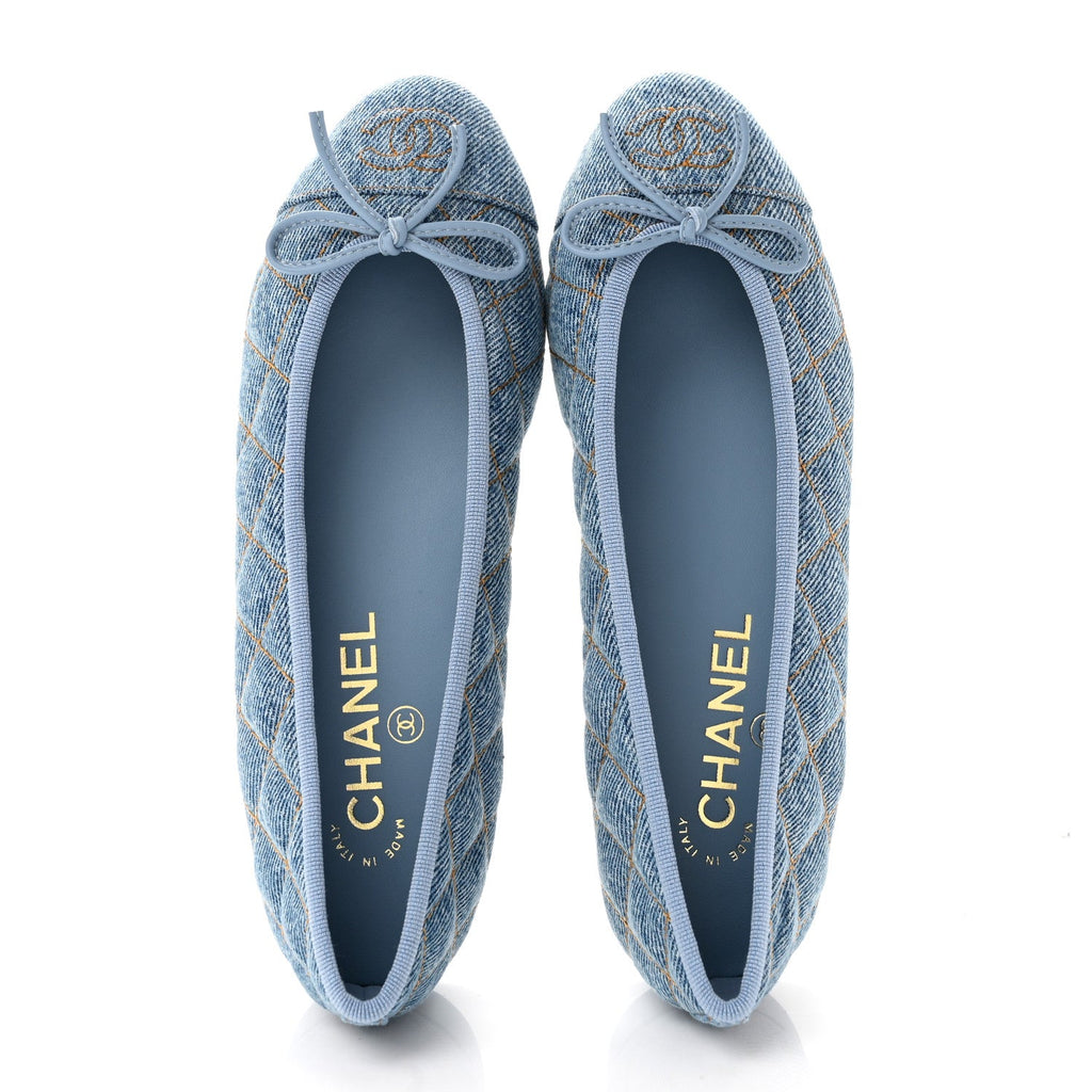 Denim Quilted CC Cap Toe Ballerina Flats 36 Light Blue