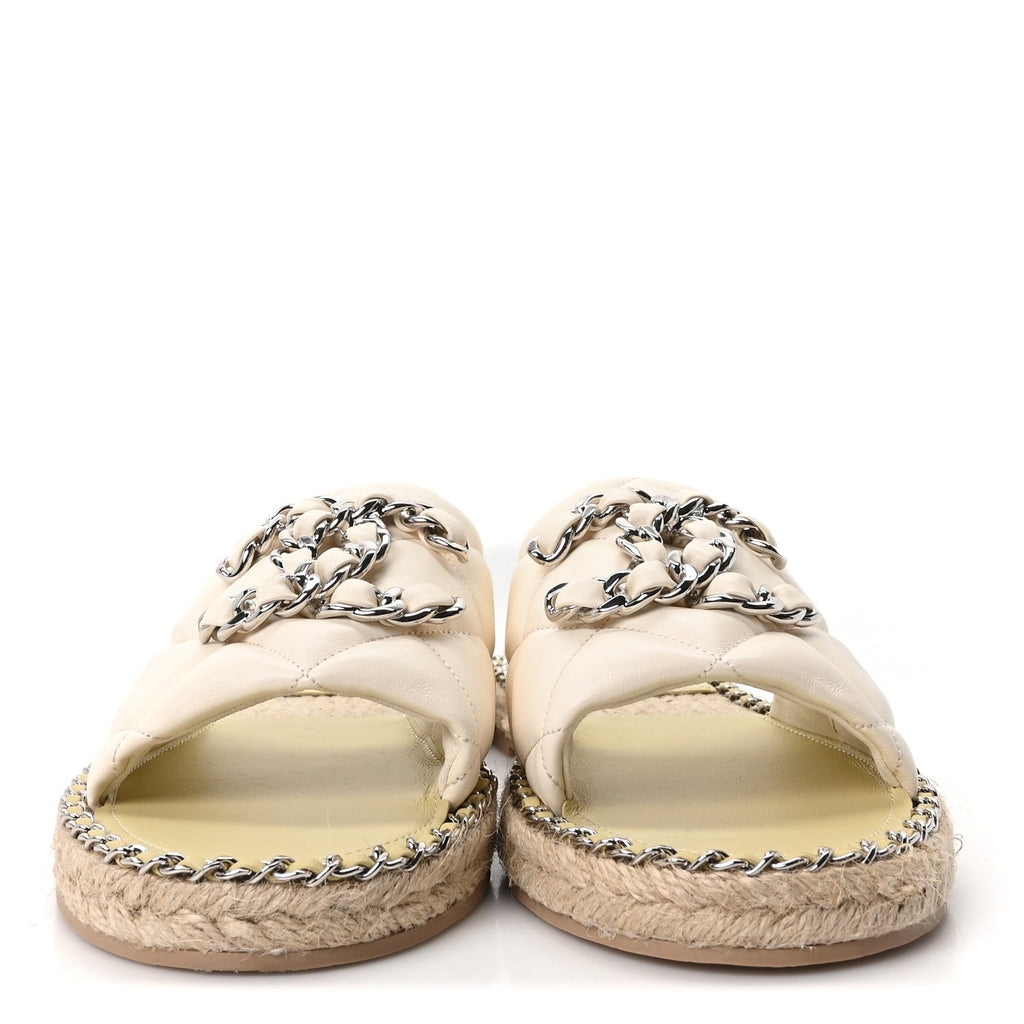 Lambskin Quilted CC Chain Espadrille Mules 41 Ivory
