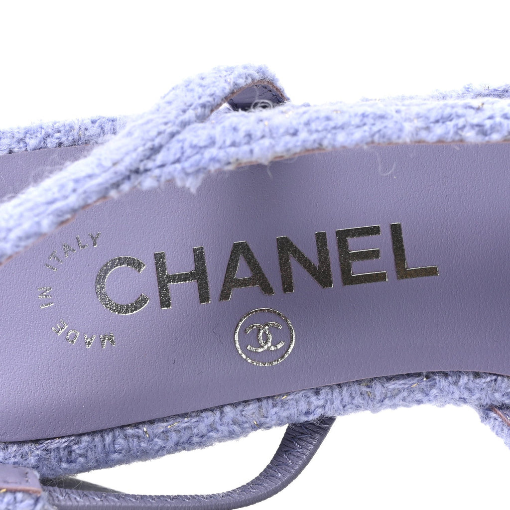 Iridescent Wool Tweed Patent Cap Toe CC Slingback Flats 36 Light Purple Silver Black
