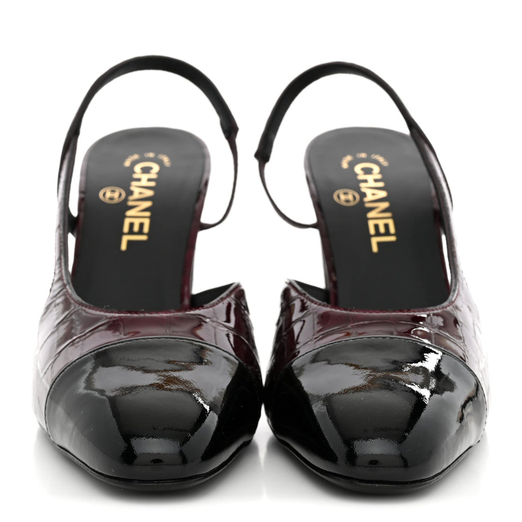 Patent Calfskin Crocodile Embossed Cap Toe CC Slingback 38 Dark Burgundy Black
