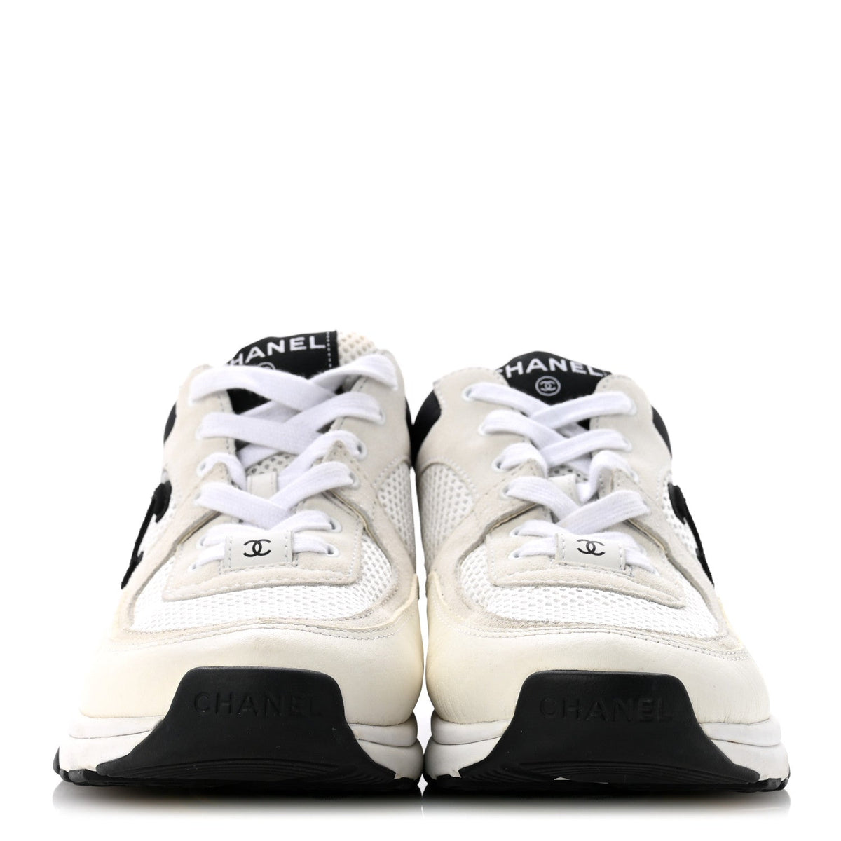 Mesh Suede Calfskin Grained Calfskin Womens CC Sneakers 37.5 White Black