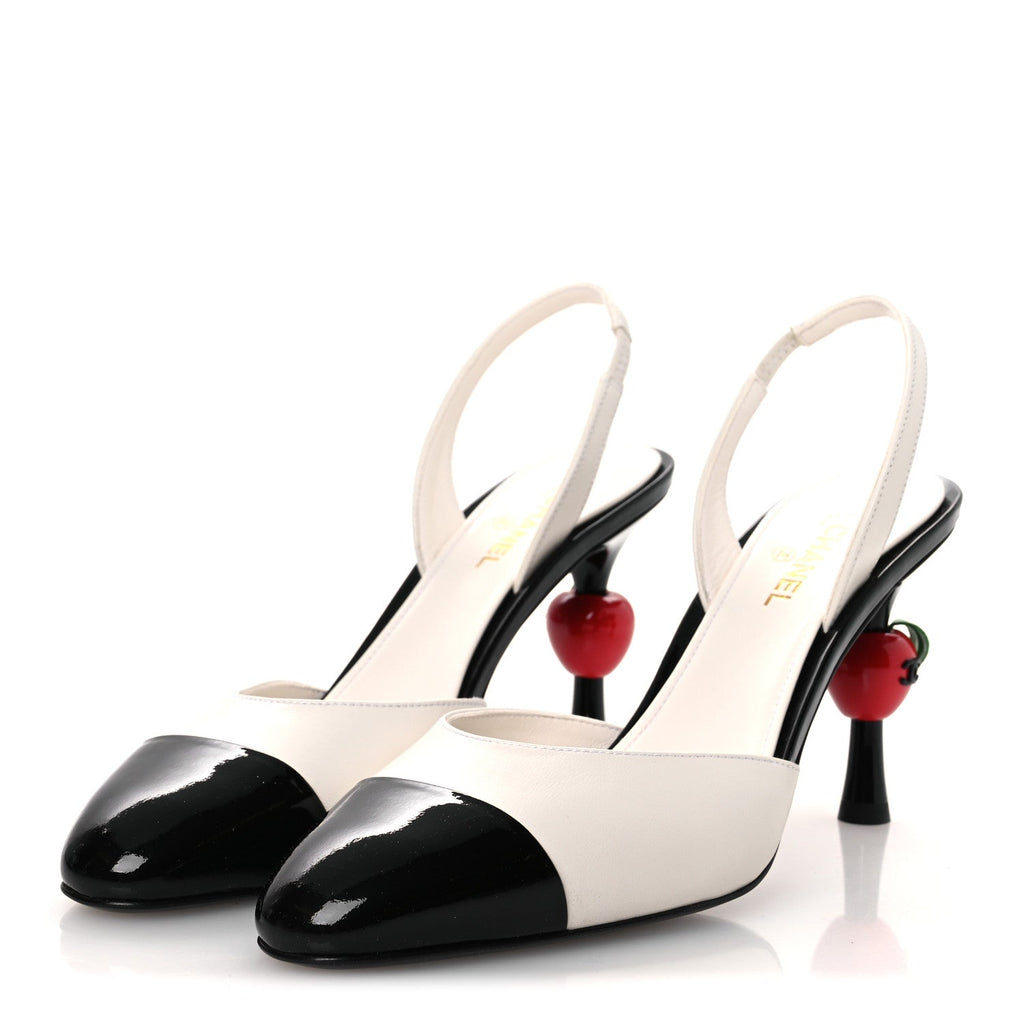 Lambskin Patent Cap Toe CC Apple Slingback Pumps 39 White Black