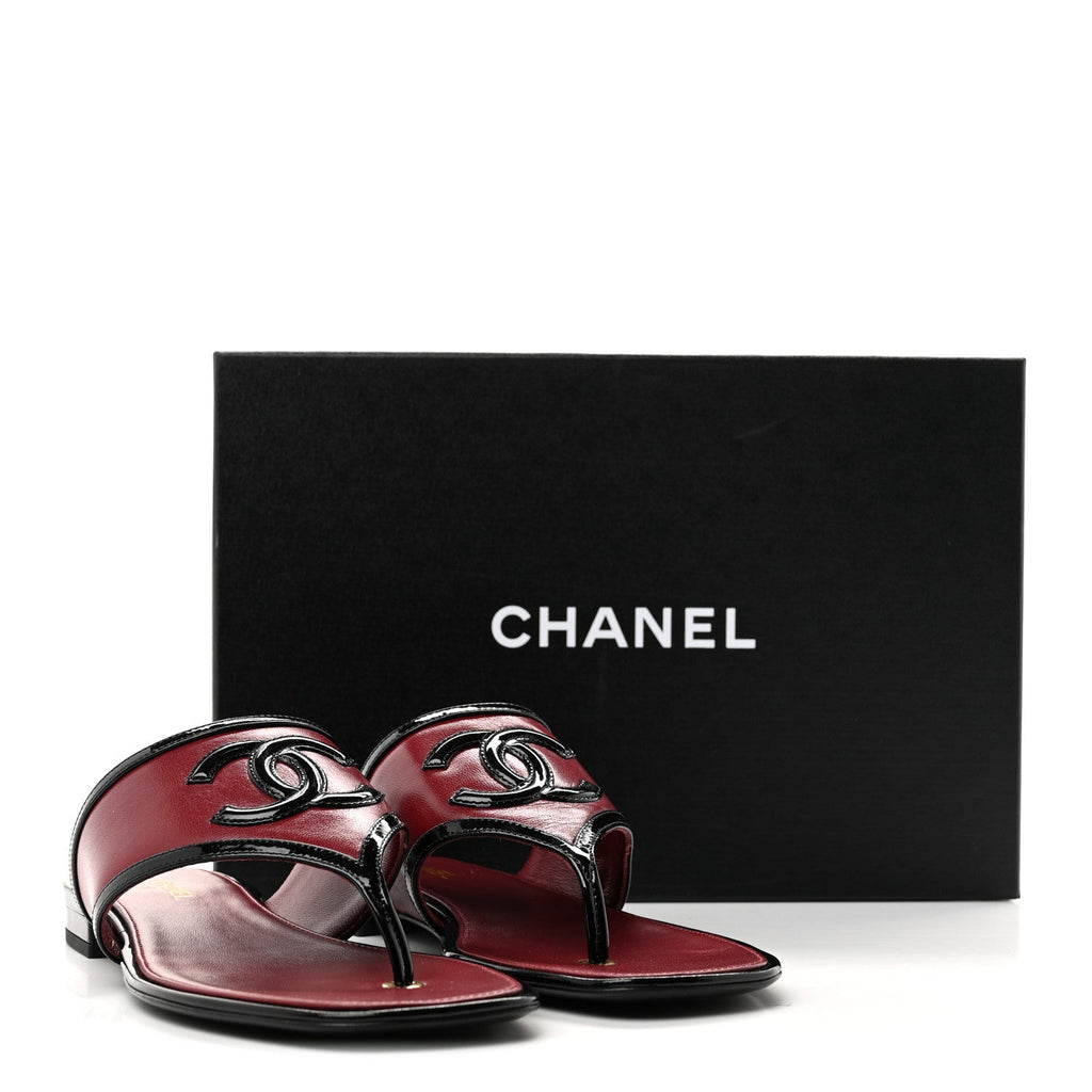 Lambskin Patent Calfskin CC Thong Sandals 39 Burgundy Black