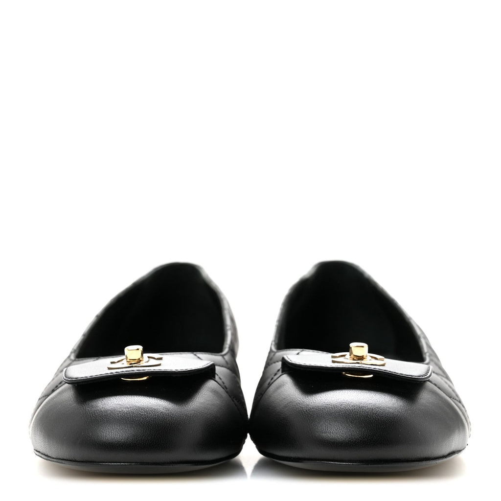 Calfskin Lambskin Quilted CC Cap Toe Ballerina Flats 37 Black