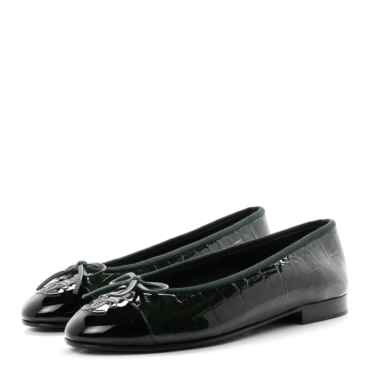 Crocodile Embossed Patent Calfskin Ballet Flats 35.5 Dark Green Black