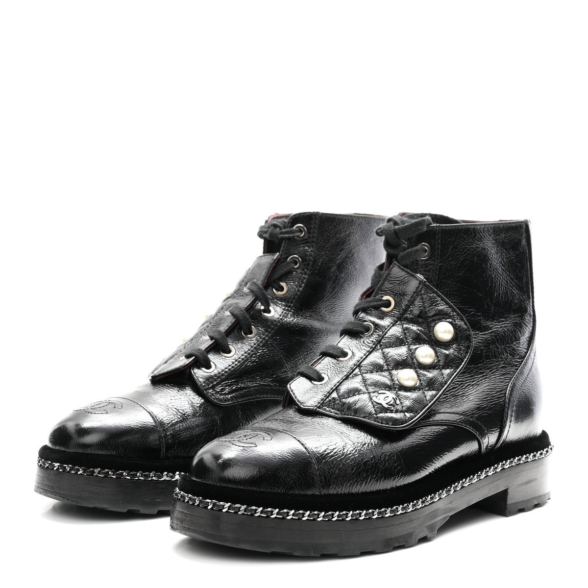 Crackled Calfskin Velvet Pearl Combat Short Boots 38 Black