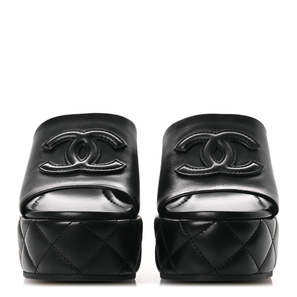 Lambskin Quilted CC Platform Mules 39 Black