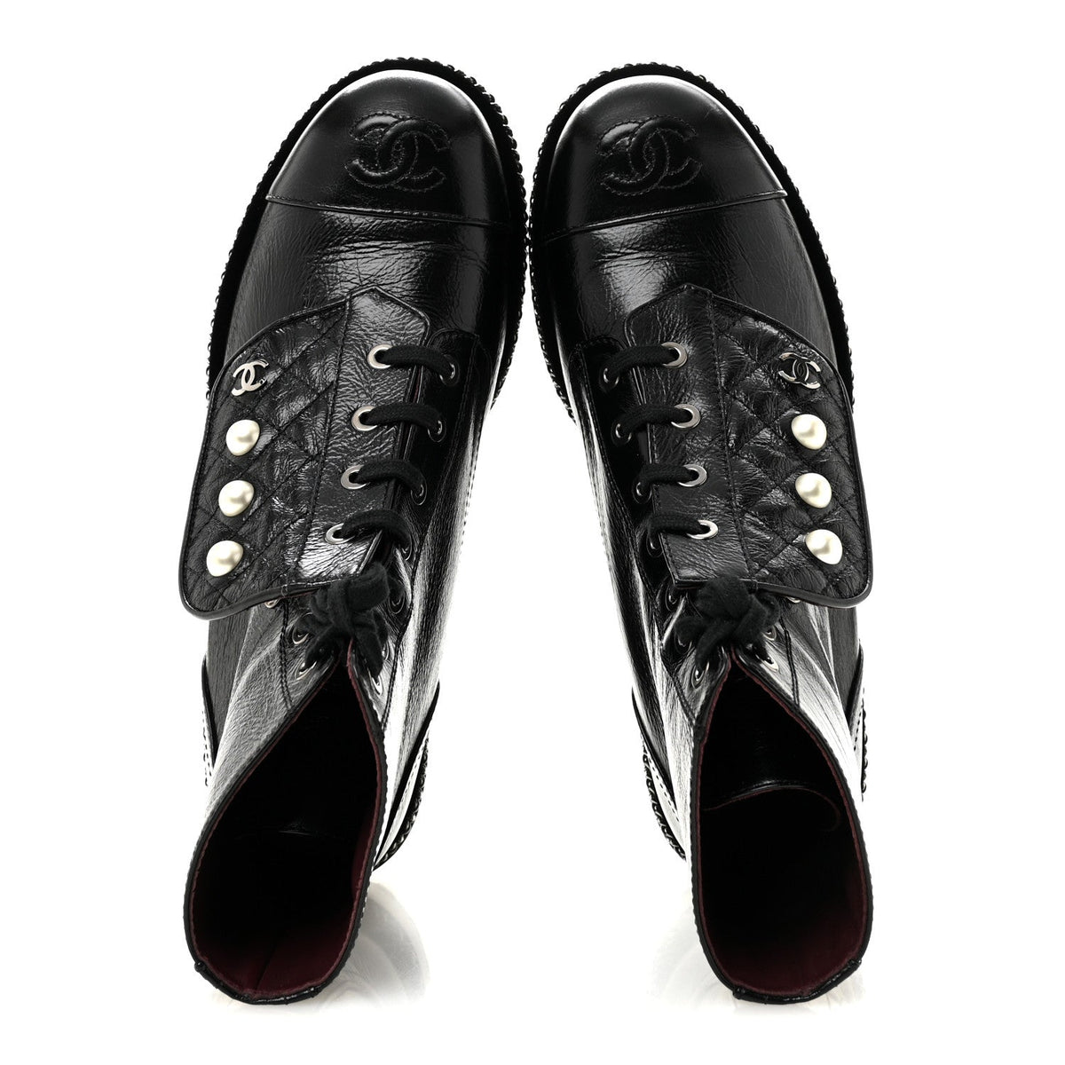 Crackled Calfskin Velvet Pearl Combat Short Boots 38.5 Black