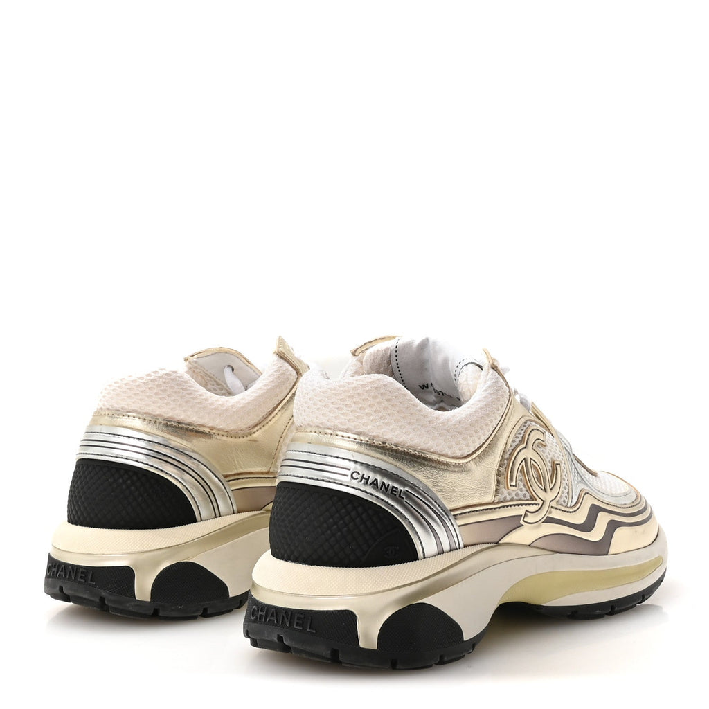 Fabric Laminated Calfskin Stretch CC Sneakers 39 White Gold Silver