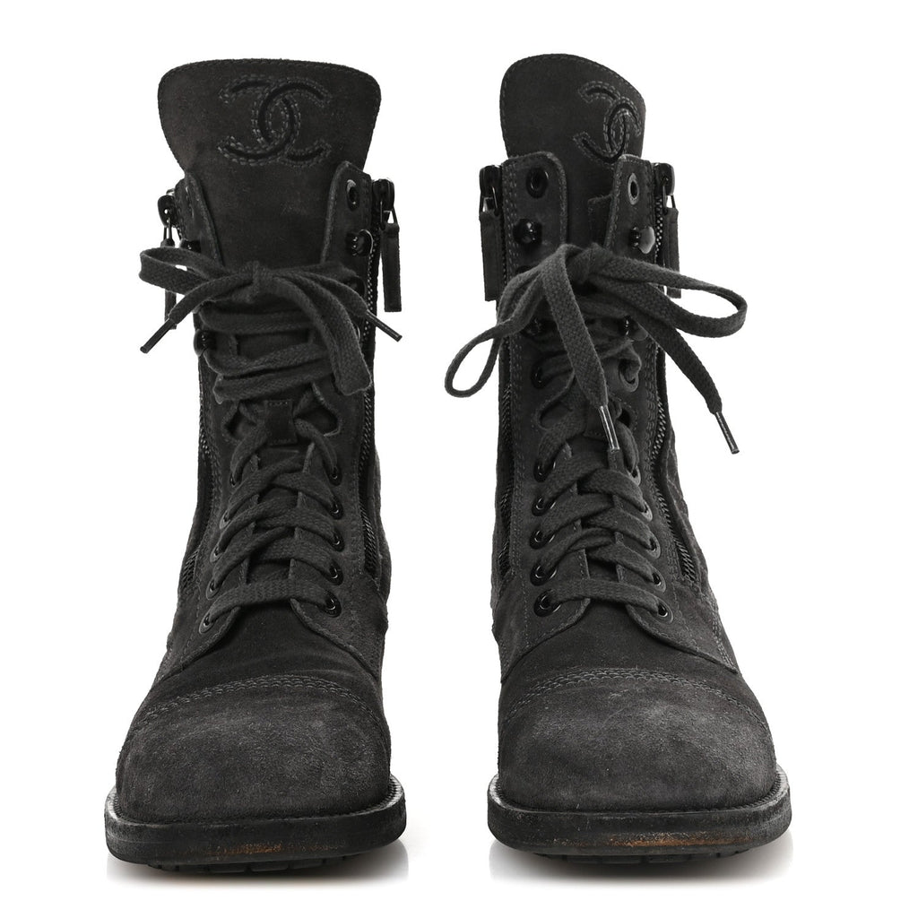 Suede Quilted CC Tall Lace Up Combat Boots 38 Grey
