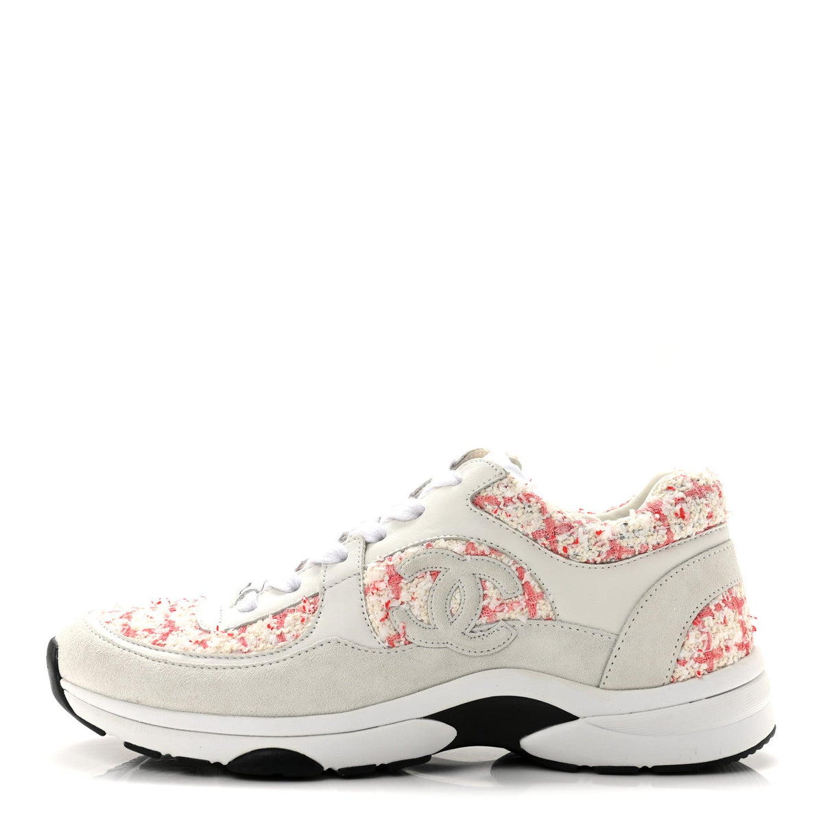 Tweed Suede Calfskin Womens CC Sneakers 40.5 Ecru Pink Red White
