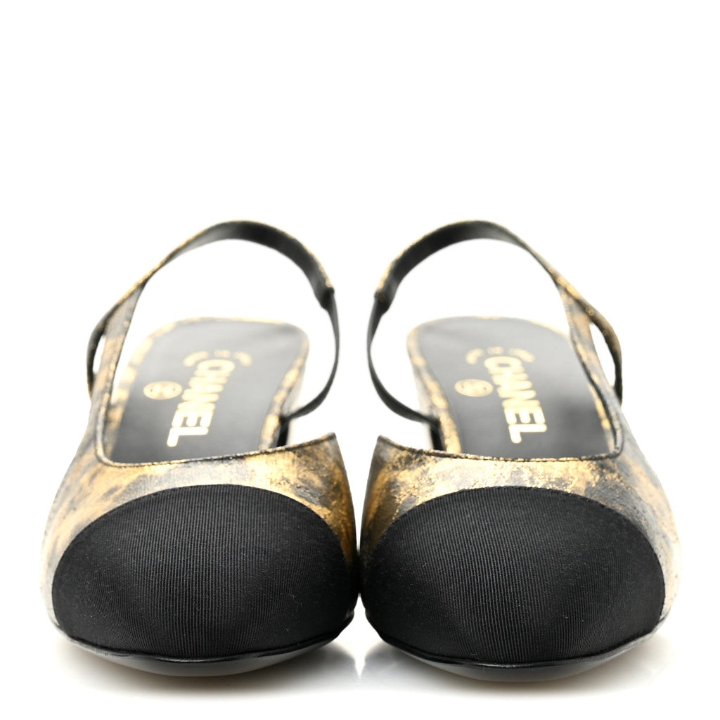 Laminated Lambskin Grosgrain Cap Toe CC Slingback Pumps 38 Gold Black