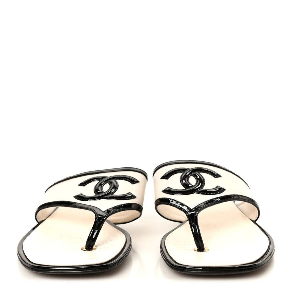 Lambskin Patent Calfskin CC Thong Sandals 37 White Black