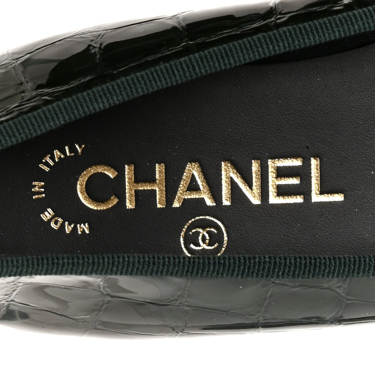 Patent Calfskin Crocodile Embossed Ballerina Flats 36.5 Dark Green Black