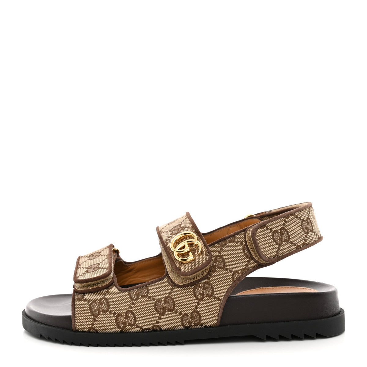GG Monogram Lavaredo Eco Fabric Womens Slide Sandals With Straps 37 Beige Ebony Light Brown