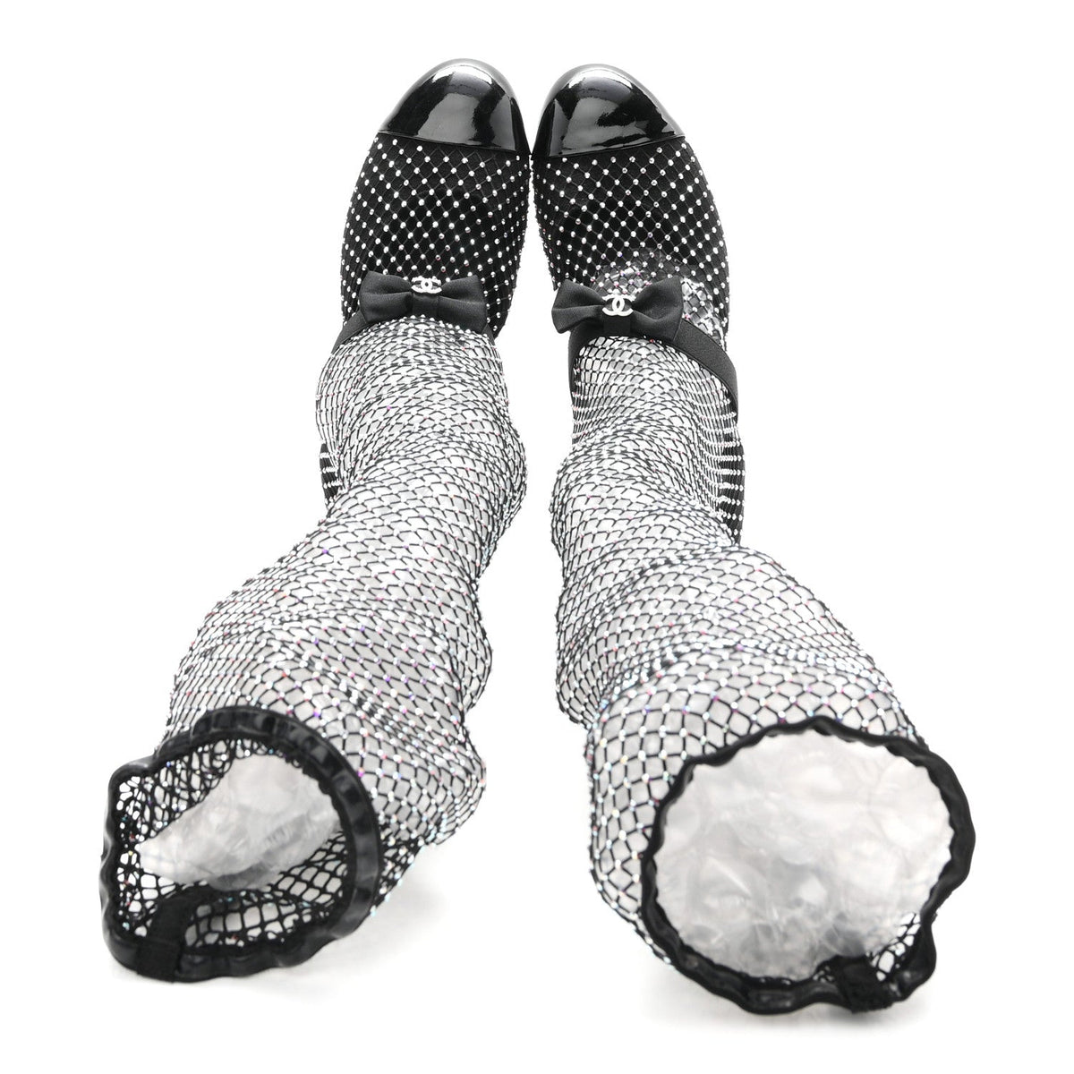 Mesh Crystal Patent CC Bow High Boots 40 Black