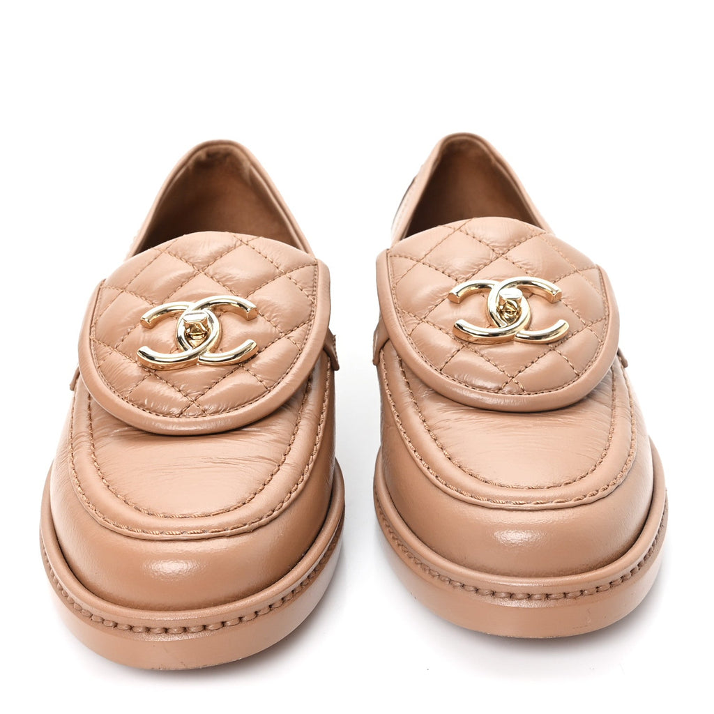 Crumpled Lambskin Quilted CC Turnlock Moccasins 35.5 Dark Beige