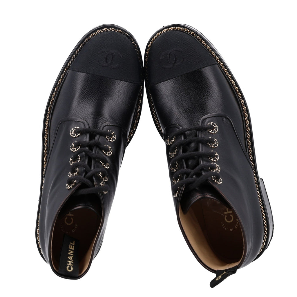 Calfskin Grosgrain Chain Lace Up CC Short Boots 41 Black