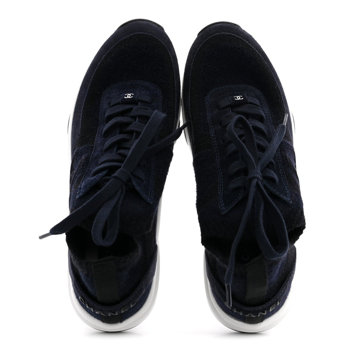 Knit Fabric Suede Calfskin Womens CC Sneakers 38 Navy Black