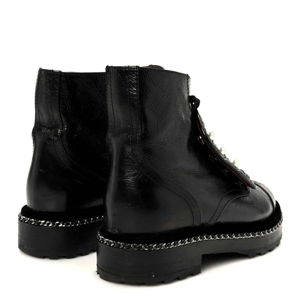 Crackled Calfskin Velvet Pearl Combat Short Boots 36 Black