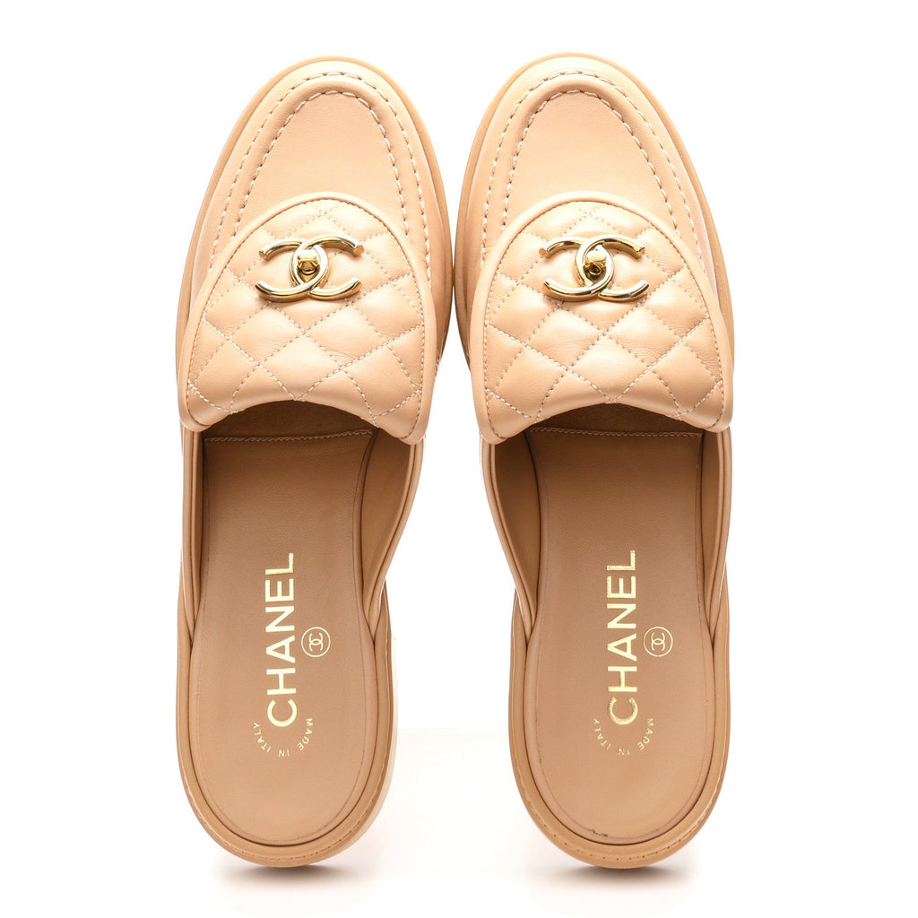 Lambskin Quilted CC Turnlock Mules 39.5 Light Beige