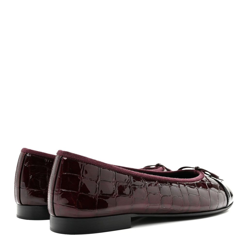 Patent Calfskin Crocodile Embossed Ballerina Flats 37 Dark Burgundy Black