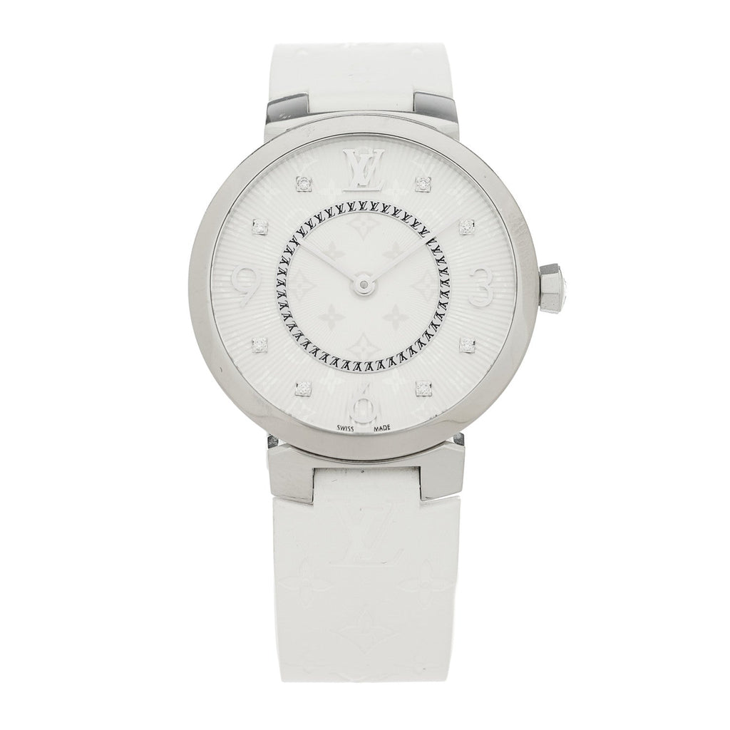 Stainless Steel Rubber Diamond 33mm Tambour Slim Quartz Watch White