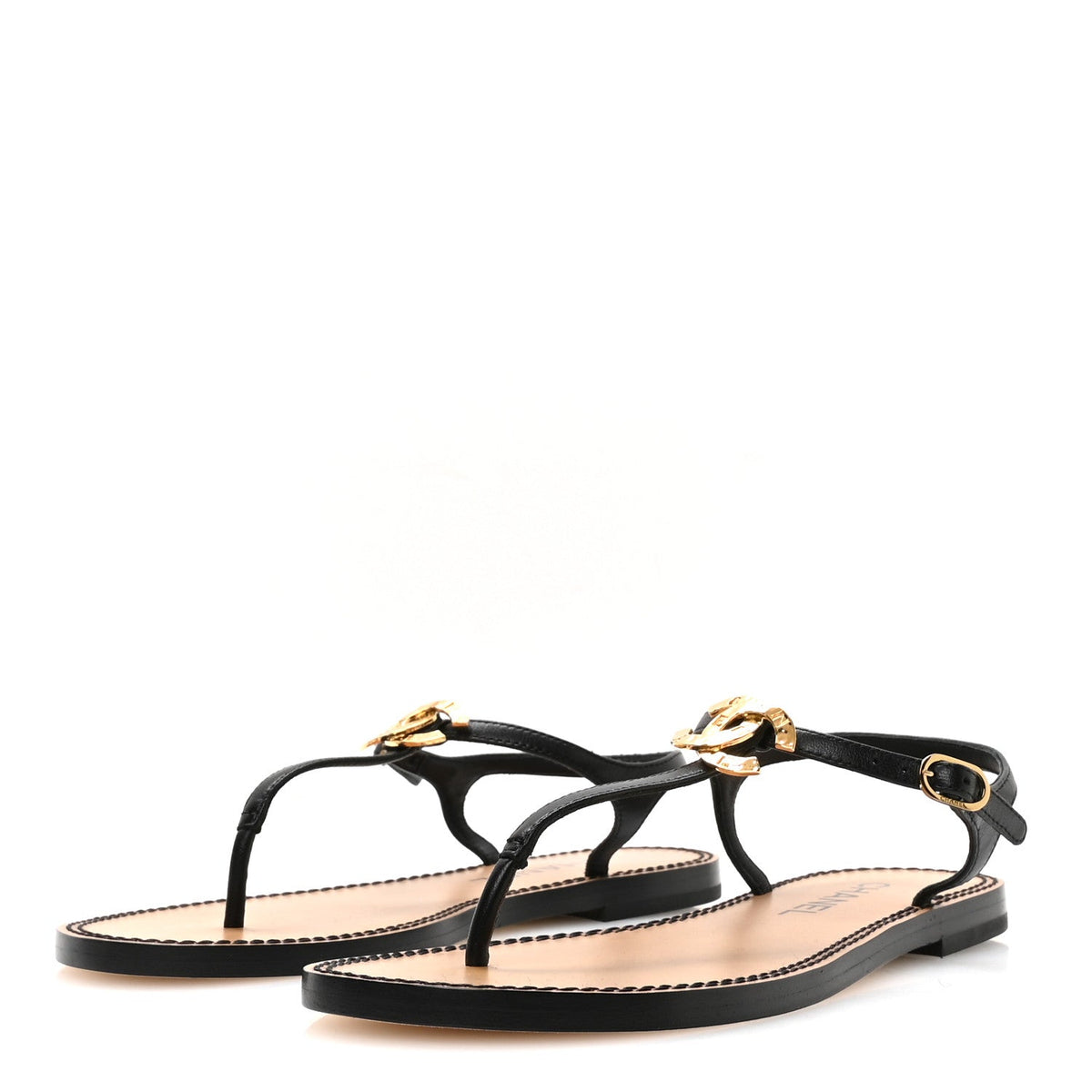 Lambskin CC Thong Sandals 38.5 Black Gold