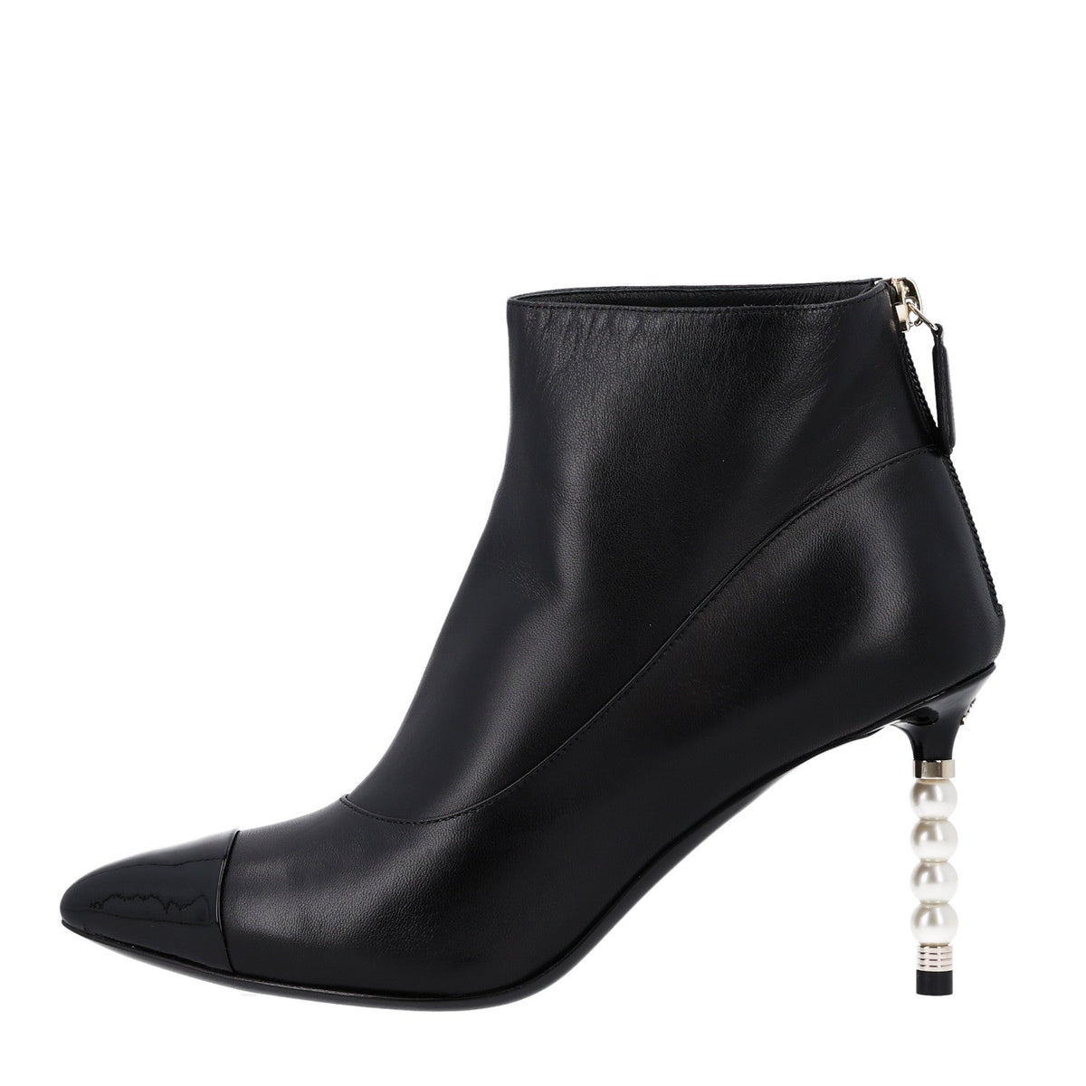 Lambskin Patent Calfskin Pearl Cap Toe Short Boots 36 Black