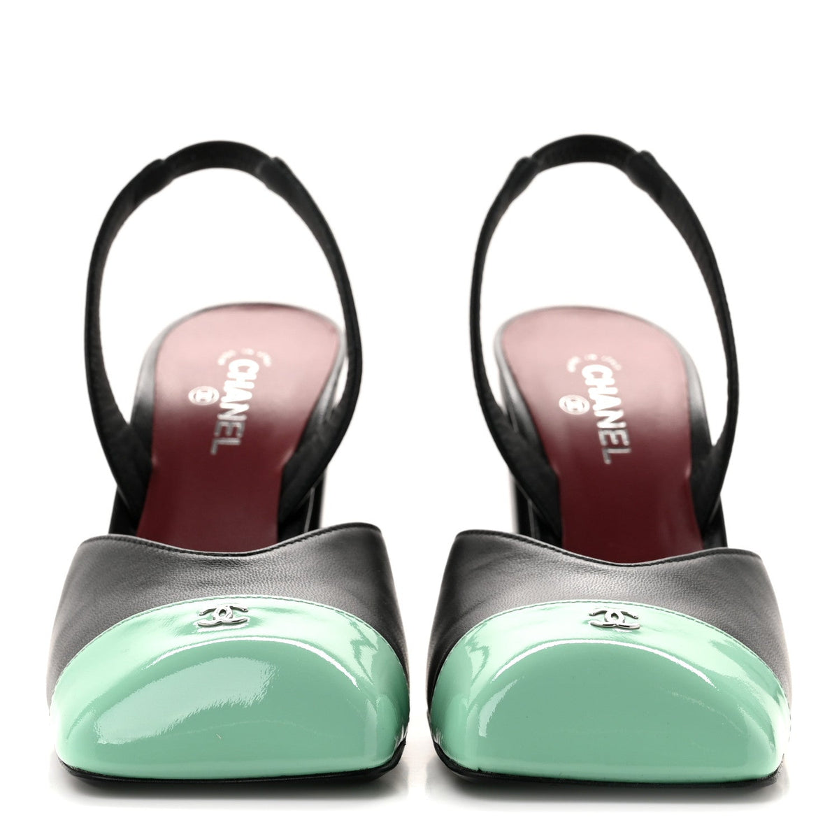 Lambskin Patent Calfskin Square Cap Toe CC Slingback Pumps 36.5 Black Green