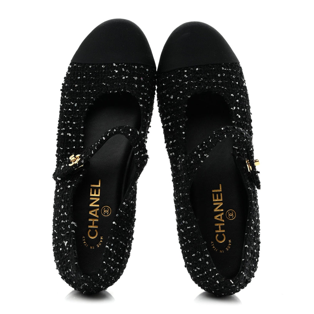Tweed Sequin Grosgrain Cap Toe Mary Jane Flats 39 Black