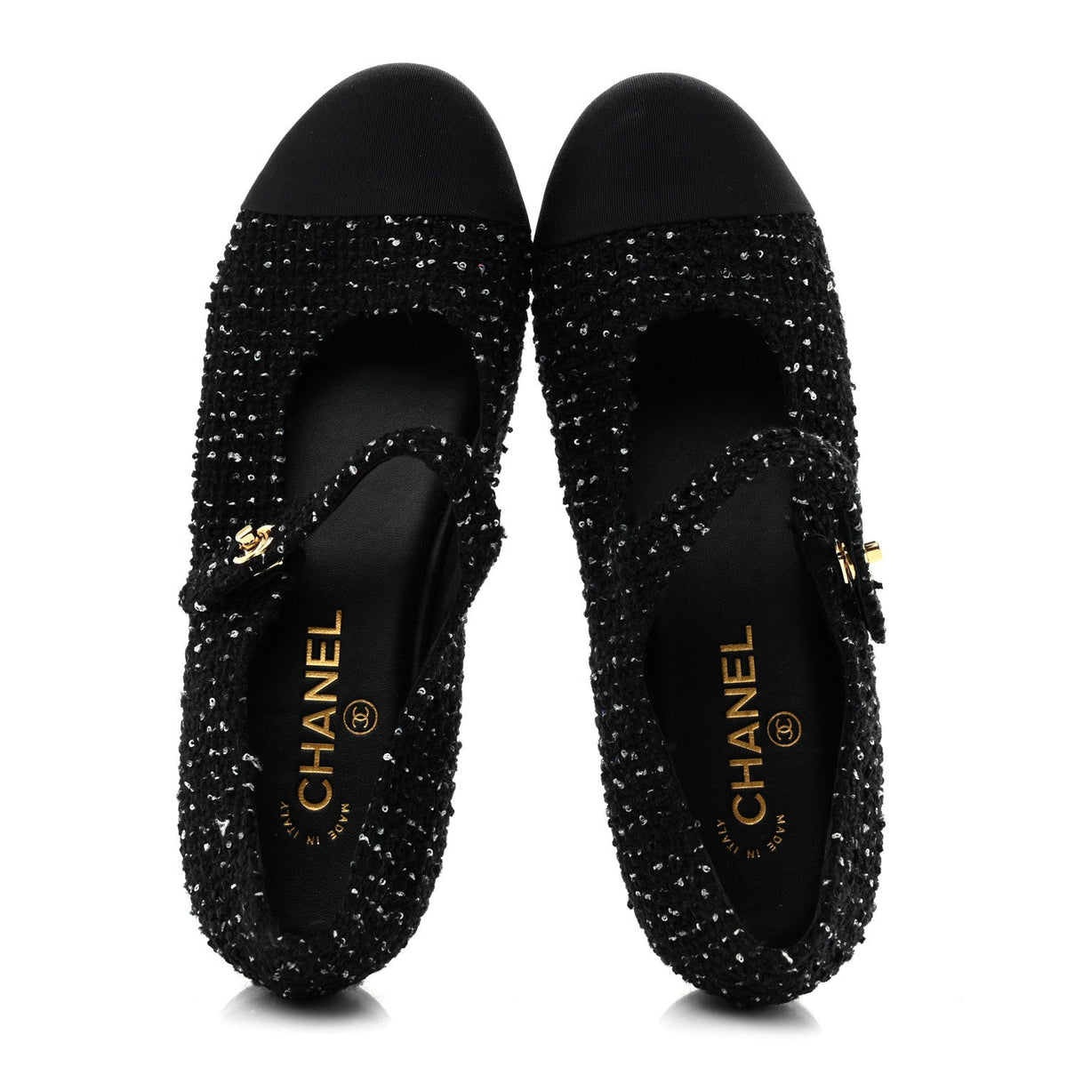 Tweed Sequin Grosgrain Cap Toe Mary Jane Flats 39 Black