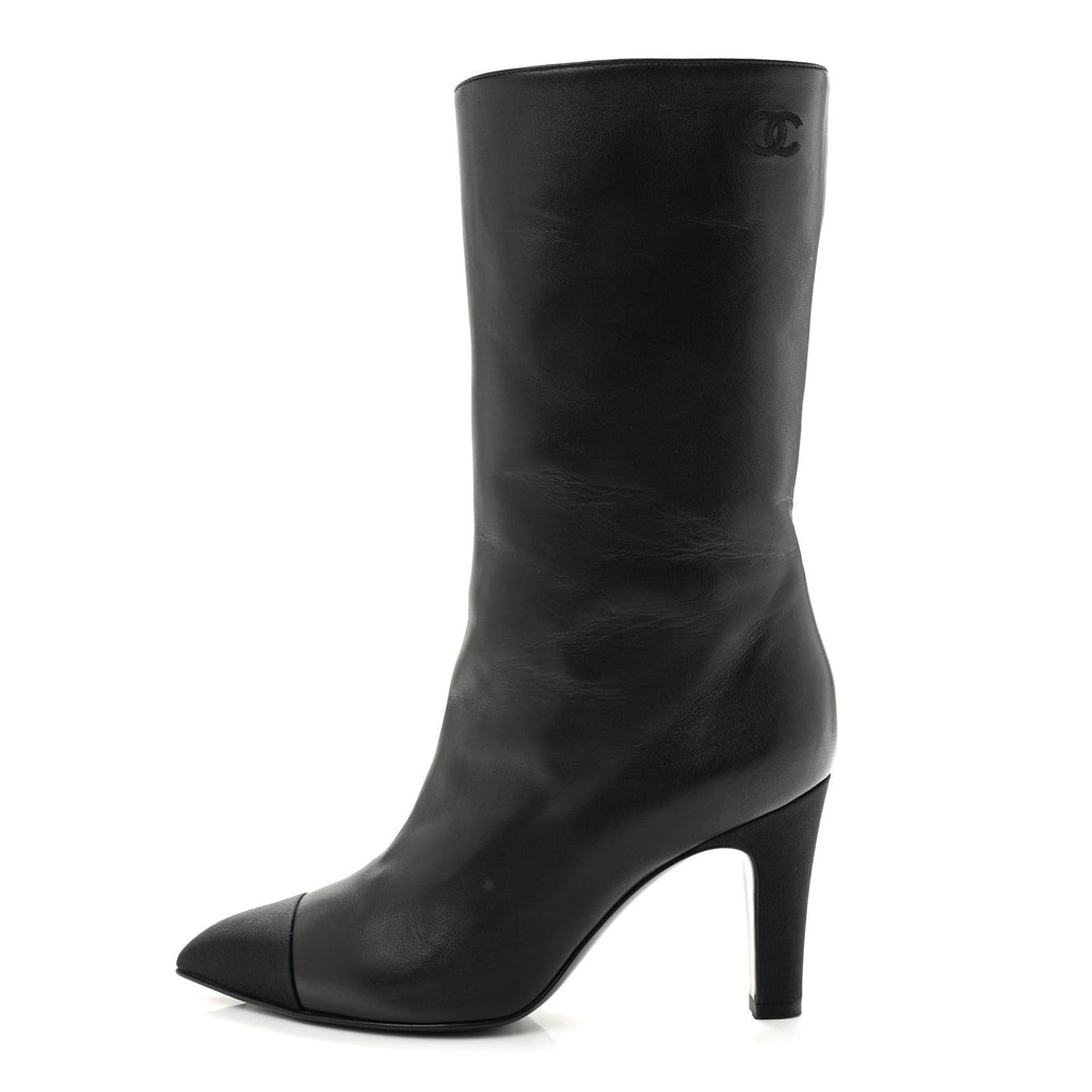 Lambskin Grosgrain Cap Toe Short Boots 35.5 Black