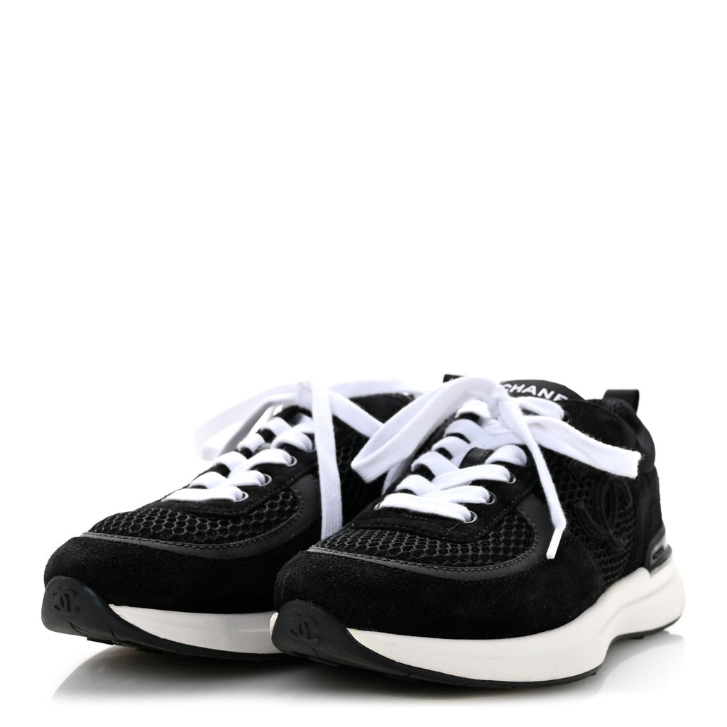 Calfskin Mesh Lycra Suede Womens Logo Sneakers 36 Black