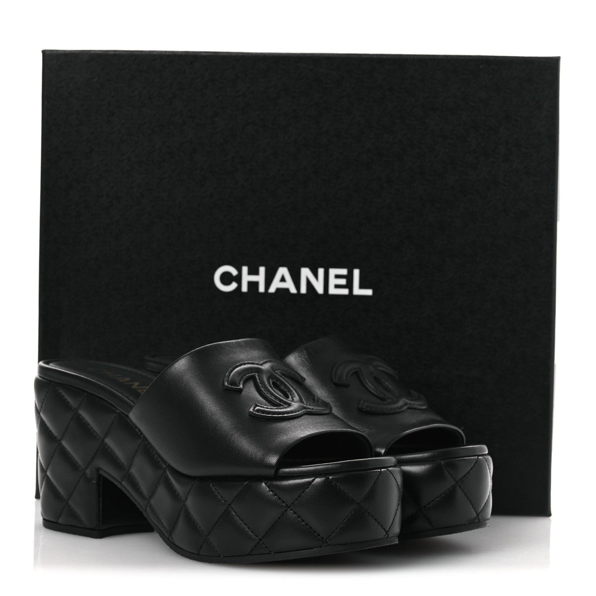 Lambskin Quilted CC Platform Mules 39 Black