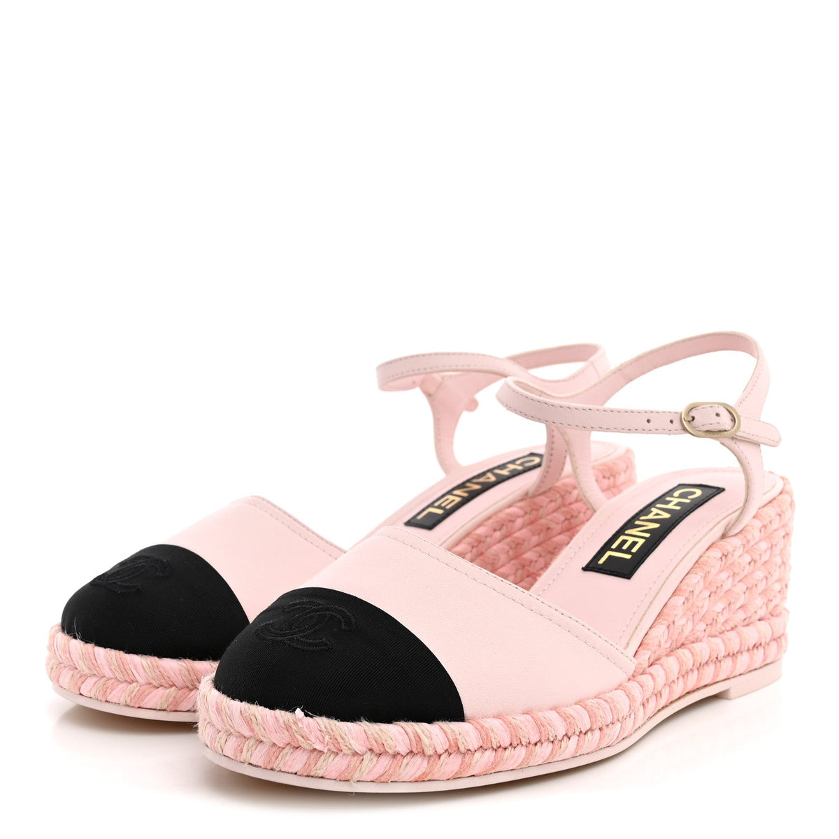 Lambskin Grosgrain CC Espadrilles Wedges 38 Pink Black