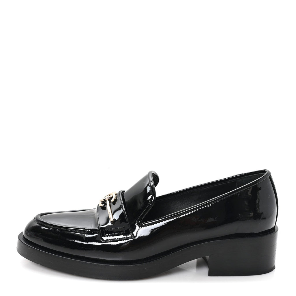 Patent Calfskin Metal CC Mocassin Loafers 38.5 Black
