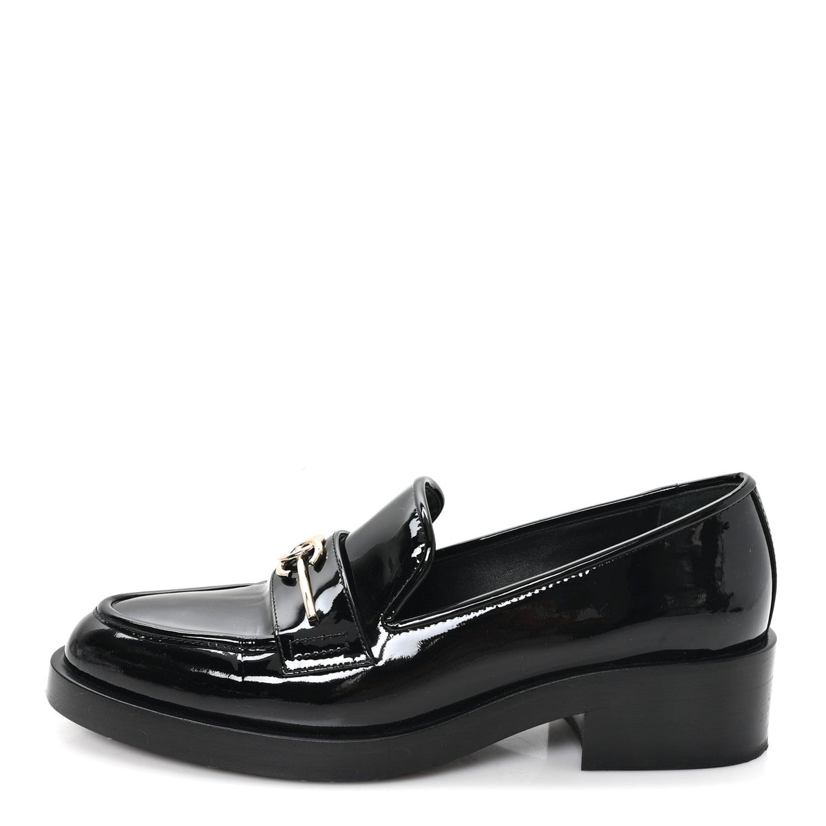 Patent Calfskin Metal CC Mocassin Loafers 38.5 Black