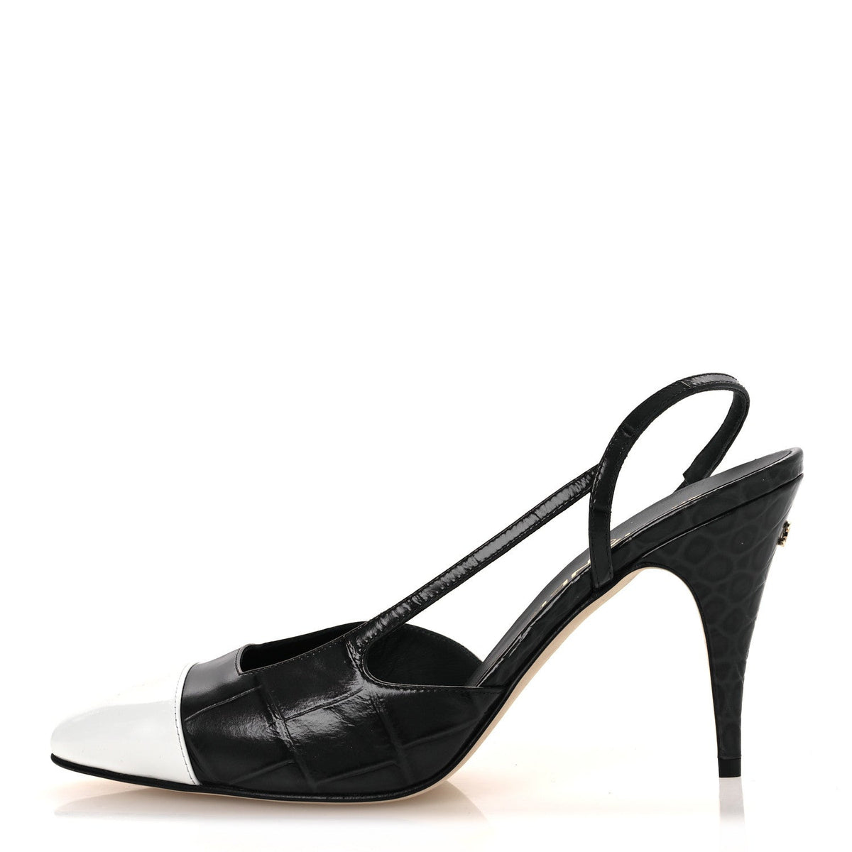Patent Calfskin Crocodile Embossed Cap Toe CC Slingback Pumps 38.5 Dark Grey White