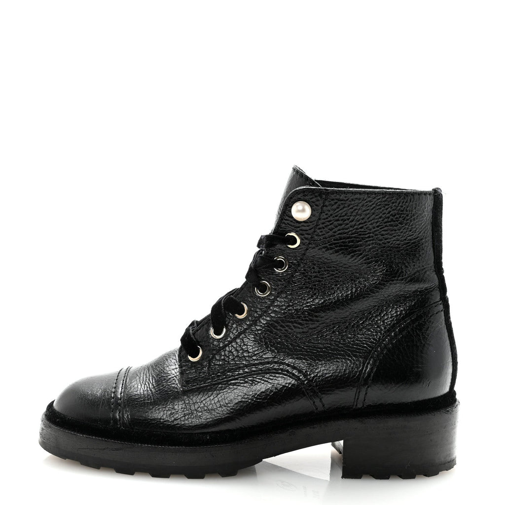 Shiny Calfskin Velvet Pearl Combat Short Boots 38.5 Black