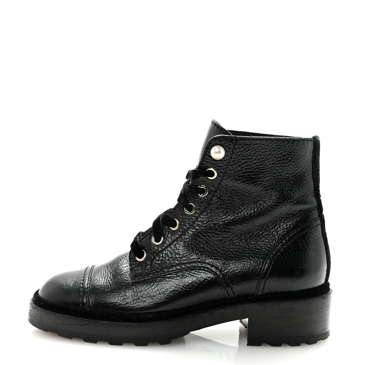 Shiny Calfskin Velvet Pearl Combat Short Boots 38.5 Black