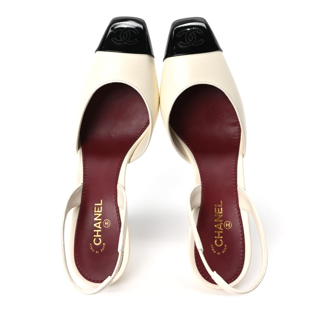 Lambskin Patent Calfskin Cap Toe CC Slingback Pumps 37.5 Ivory Black