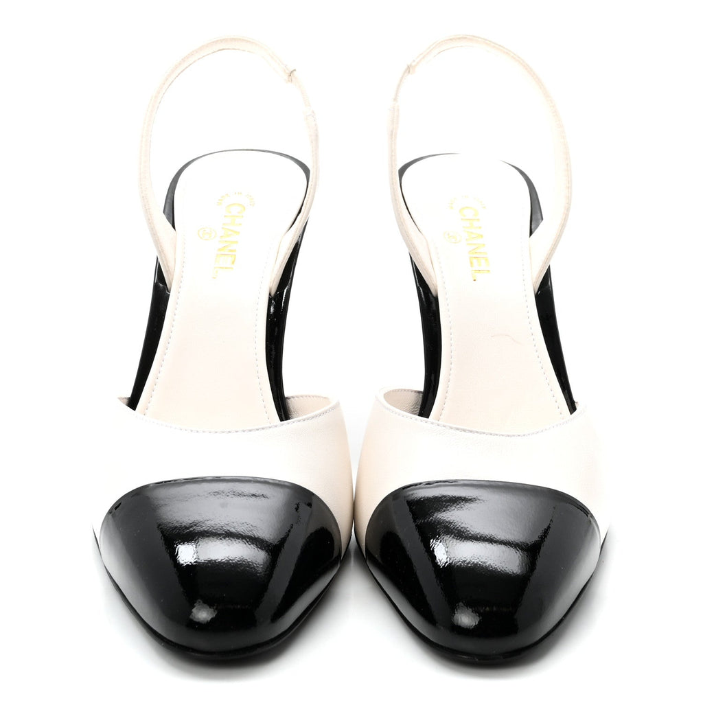 Lambskin Patent Calfskin Cap Toe CC Apple Slingback Pumps 38 White Black