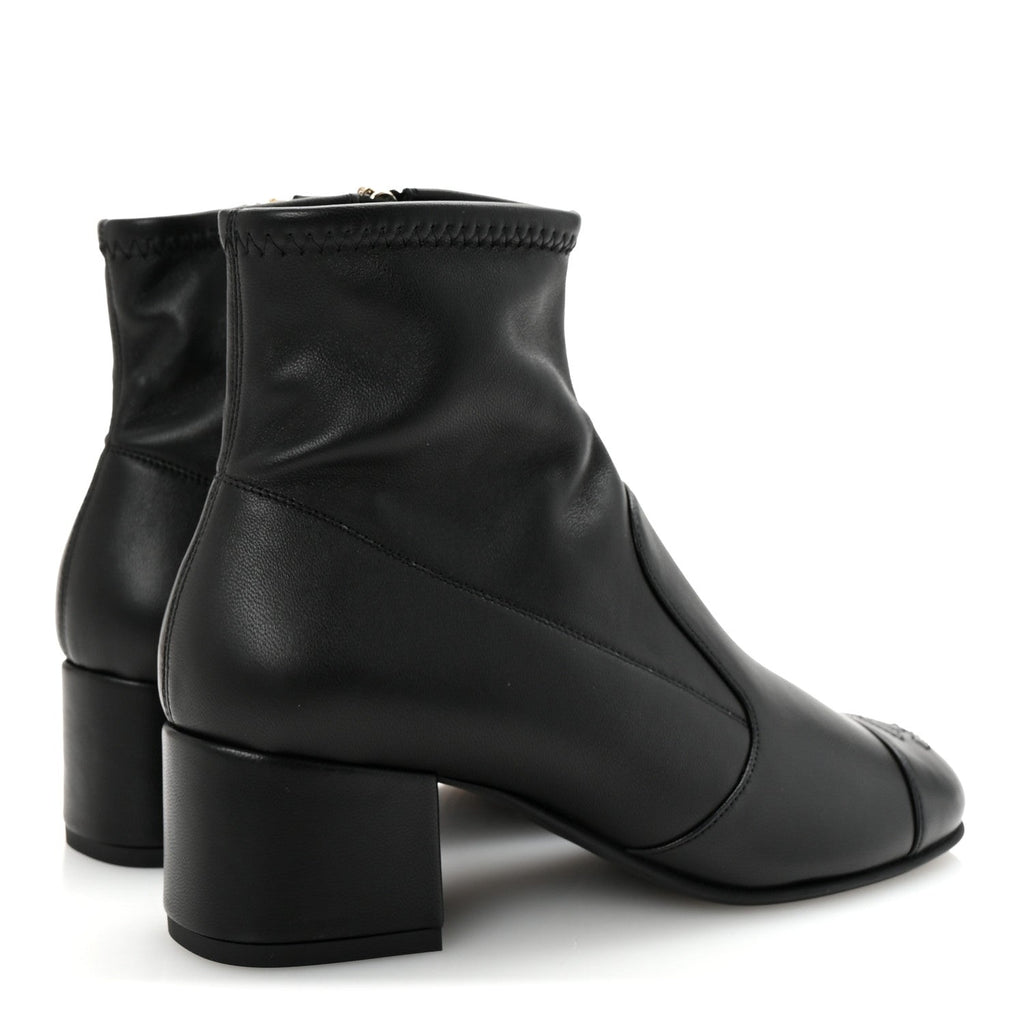 Stretch Lambskin Cap Toe CC Short Boots 35 Black
