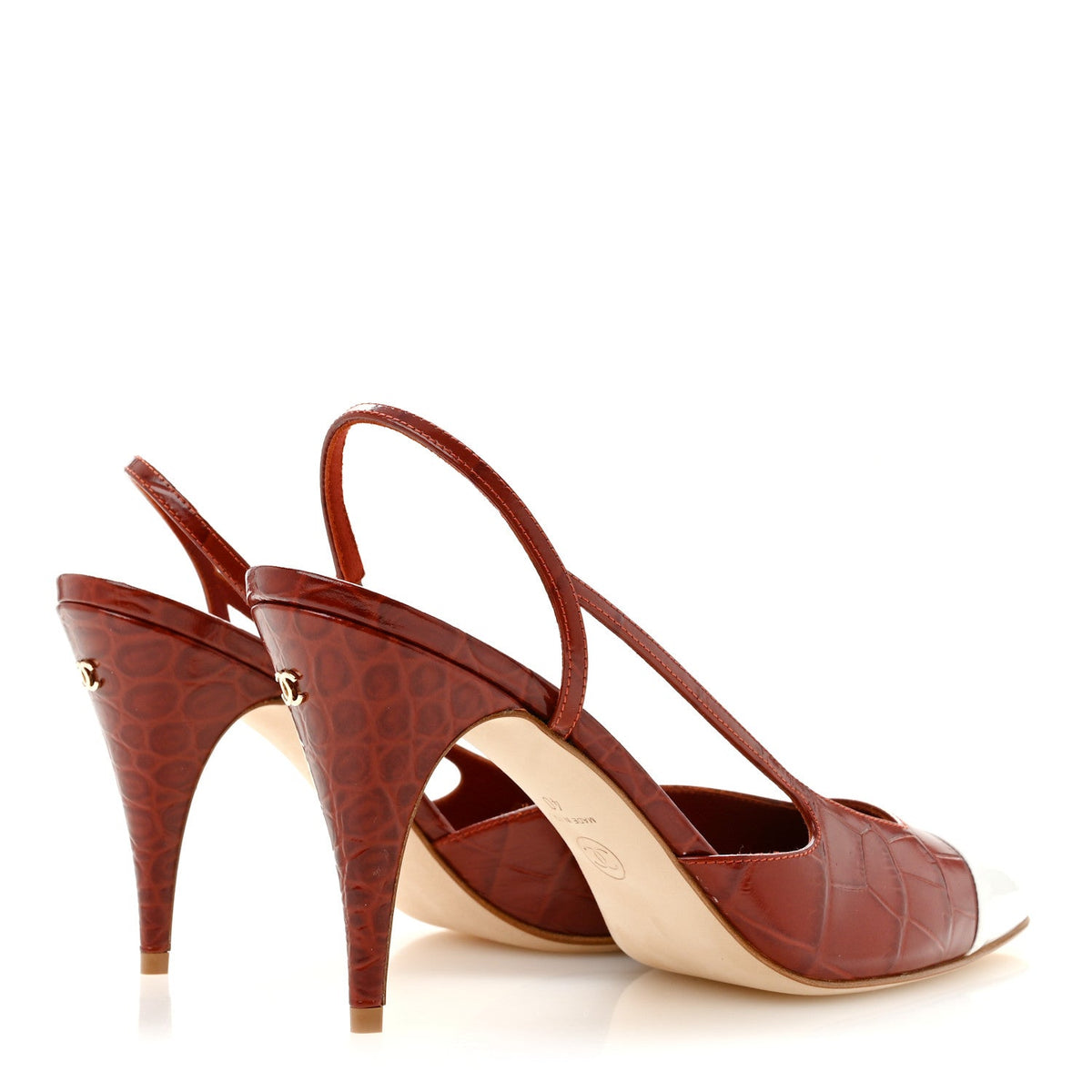 Calfskin Crocodile Embossed Patent Cap Toe Slingback Pumps 40 Dark Red White