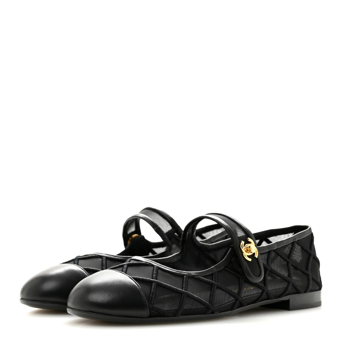 Lambskin Fabric Mesh Quilted Mary Jane Cap Toe Flats 37 Black