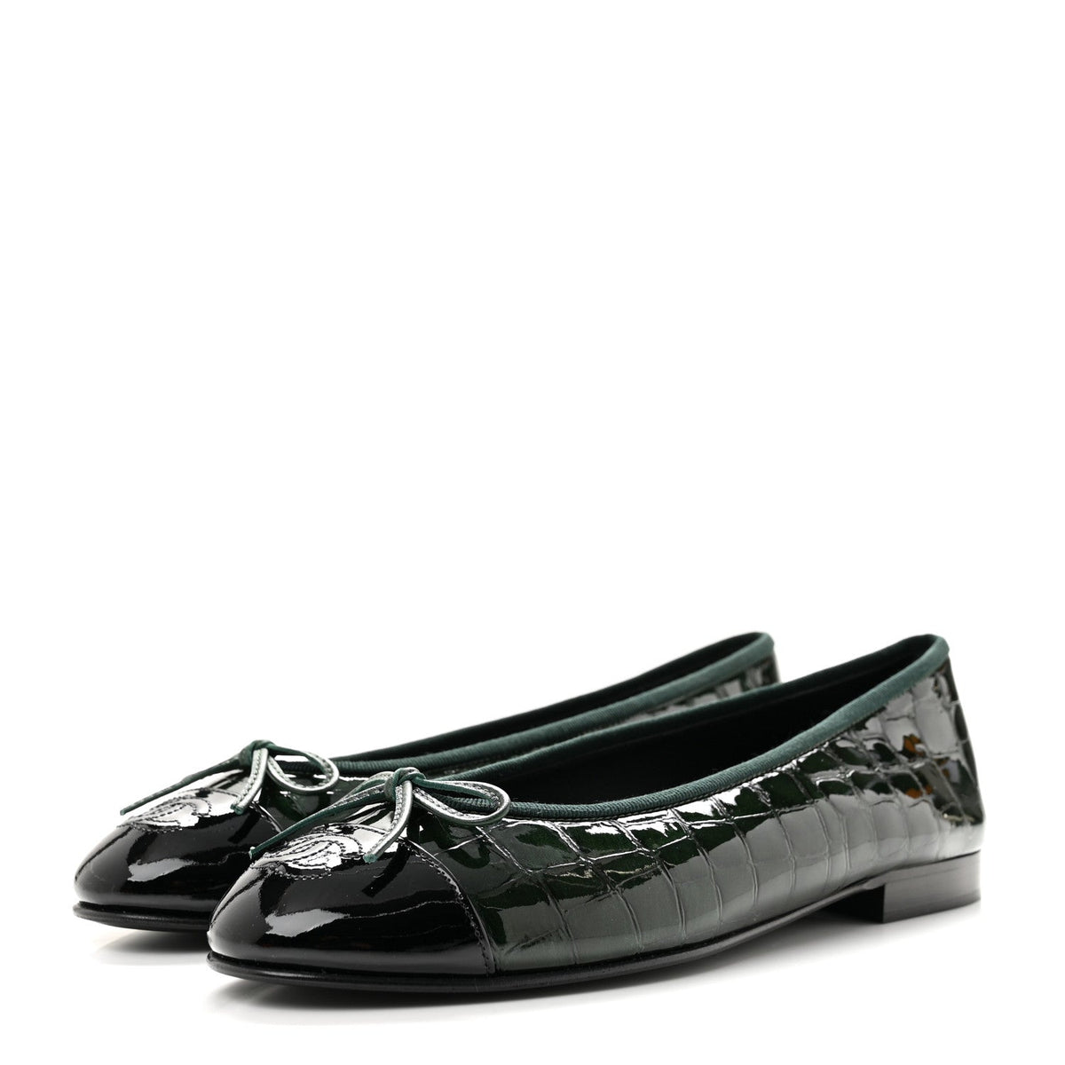 Patent Calfskin Crocodile Embossed Ballerina Flats 38 Dark Green Black